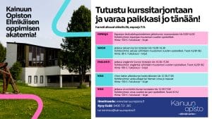 Kainuun opisto  mainos rakennus vasemmalla ja valuesse värikkäät kurssitaulukot oikealla otsikot suomeksi kappaleissa  Kainuun Opisto  Kainuun Opisto